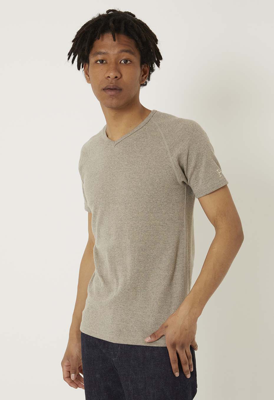 ストレッチフライス Vネックショートスリーブ Tシャツ - OATMEAL