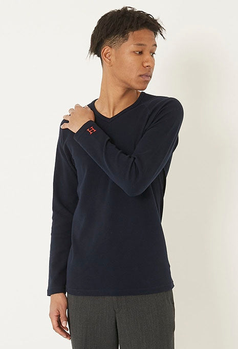 ストレッチフライス Vネックロングスリーブ Tシャツ - DARK NAVY