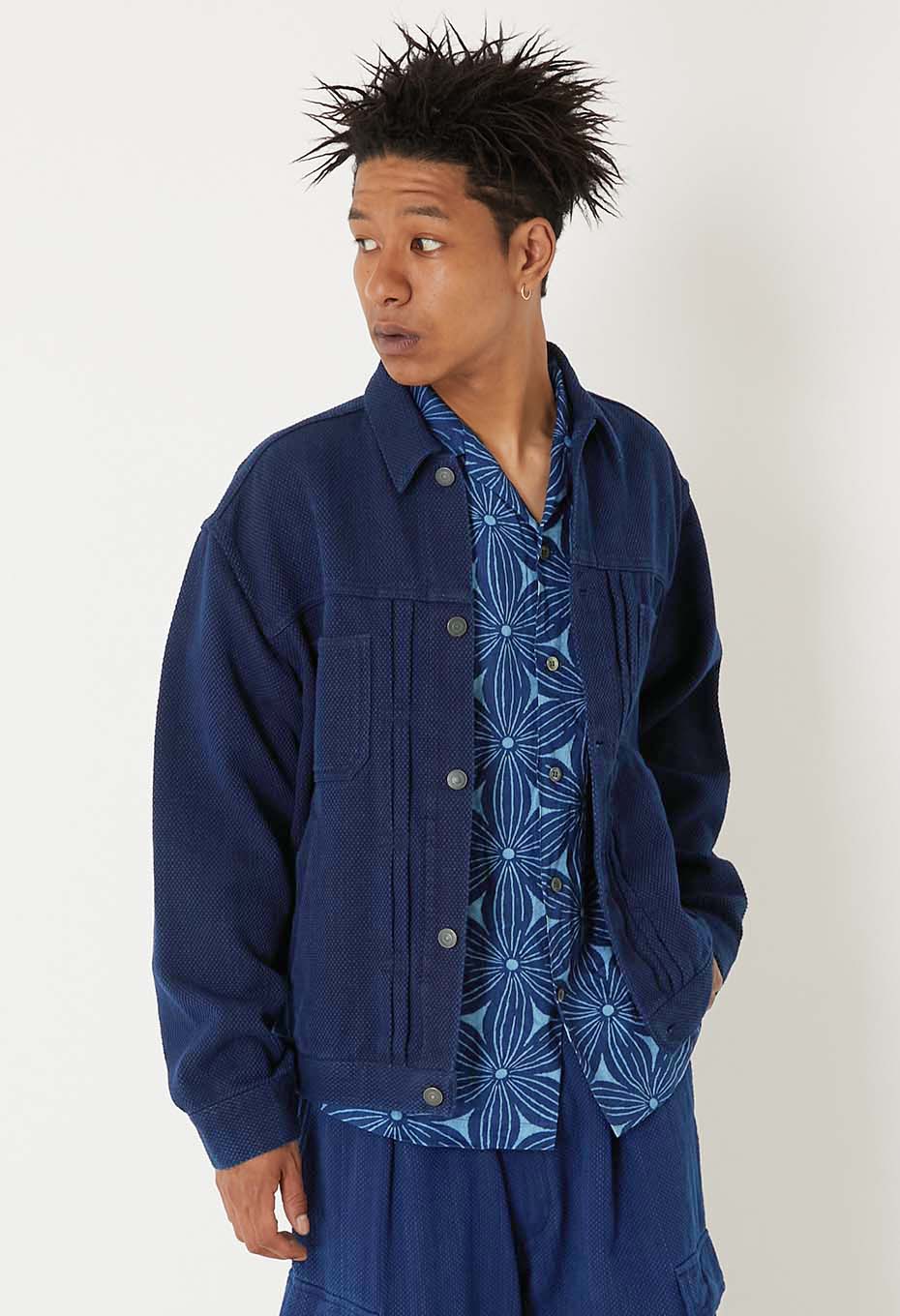 Woven Pure Indigo Light Sashiko Trucker Jacket - INDIGO