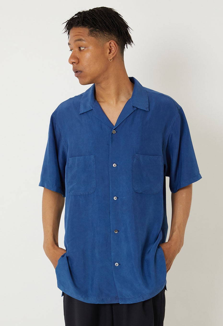 silk habatae Woven Pure Indigo Short sleeve shirt - B