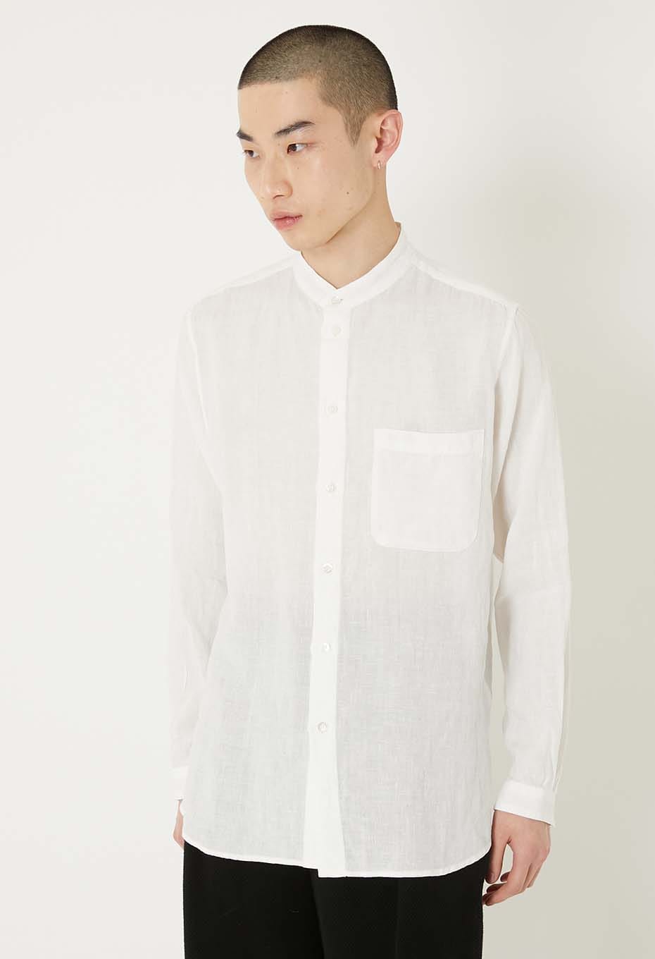 Linen stand collar long sleeve shirt - WHITE