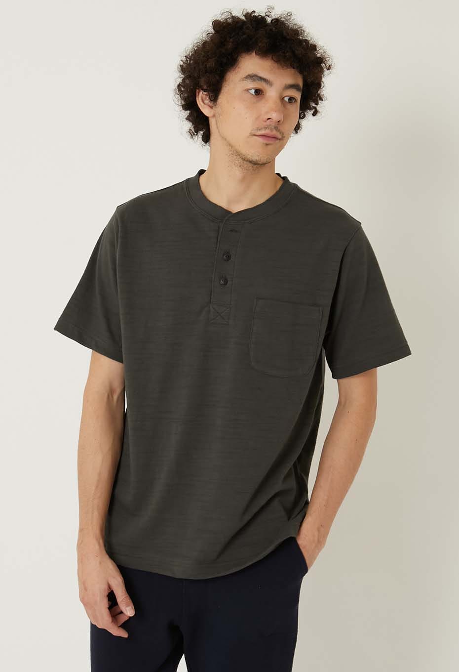 ヘビースラブテンジク ヘンリーネックポケットTシャツ - CHARCOAL