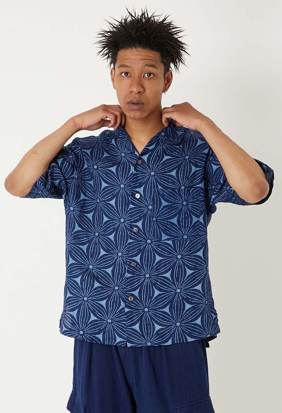 Indigo linen Sakurabassen short sleeve shirt - INDIGO