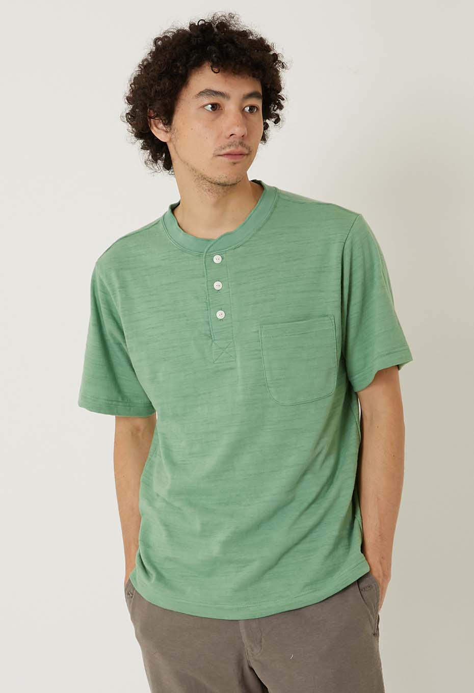 ヘビースラブテンジク ヘンリーネックポケットTシャツ - GREEN