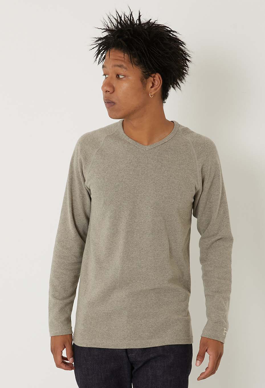 ストレッチフライス Vネックロングスリーブ Tシャツ - OATMEAL