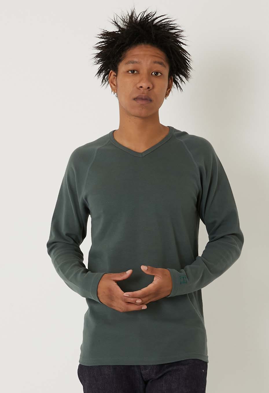 ストレッチフライス Vネックロングスリーブ Tシャツ - GREEN