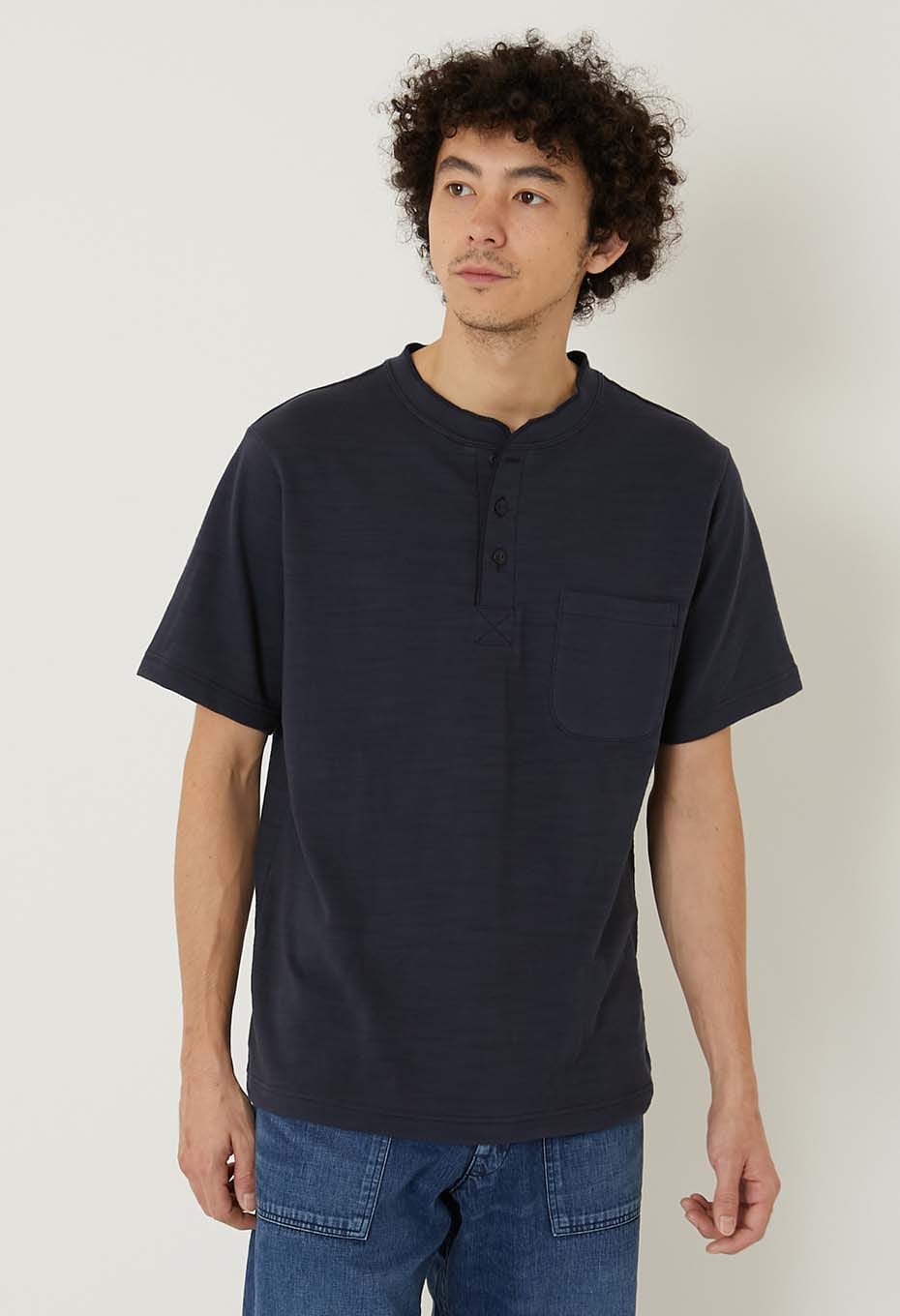 ヘビースラブテンジク ヘンリーネックポケットTシャツ - NAVY