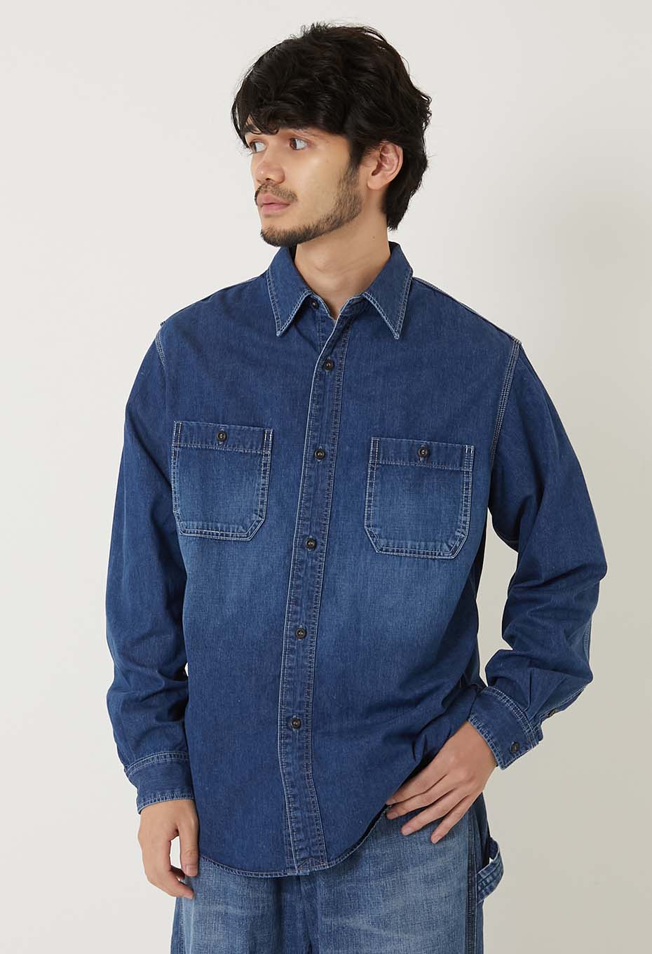 ジャカード シャツデニム 2ポケットワークシャツ /VINTAGE WASH - BLUE