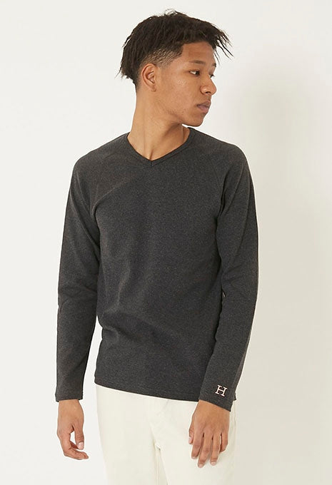 ストレッチフライス Vネックロングスリーブ Tシャツ - DARK GREY