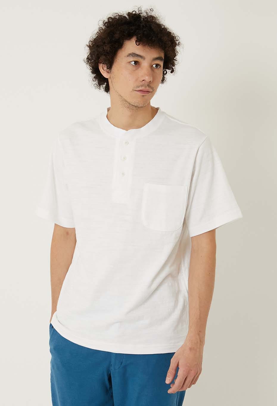 ヘビースラブテンジク ヘンリーネックポケットTシャツ - WHITE