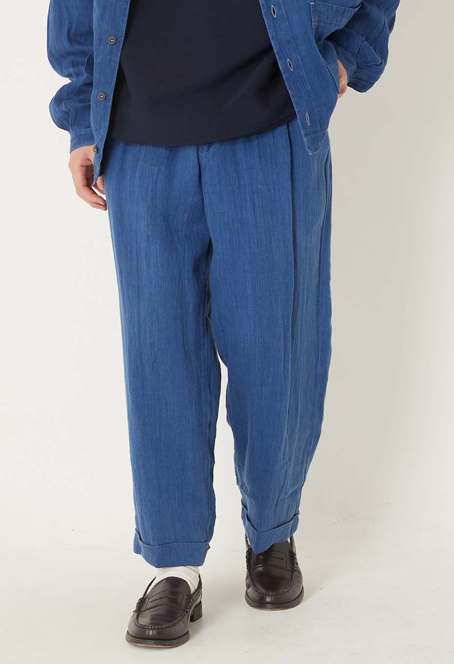 Indigo linen high-count twill 2-tuck wide trousers - INDIGO