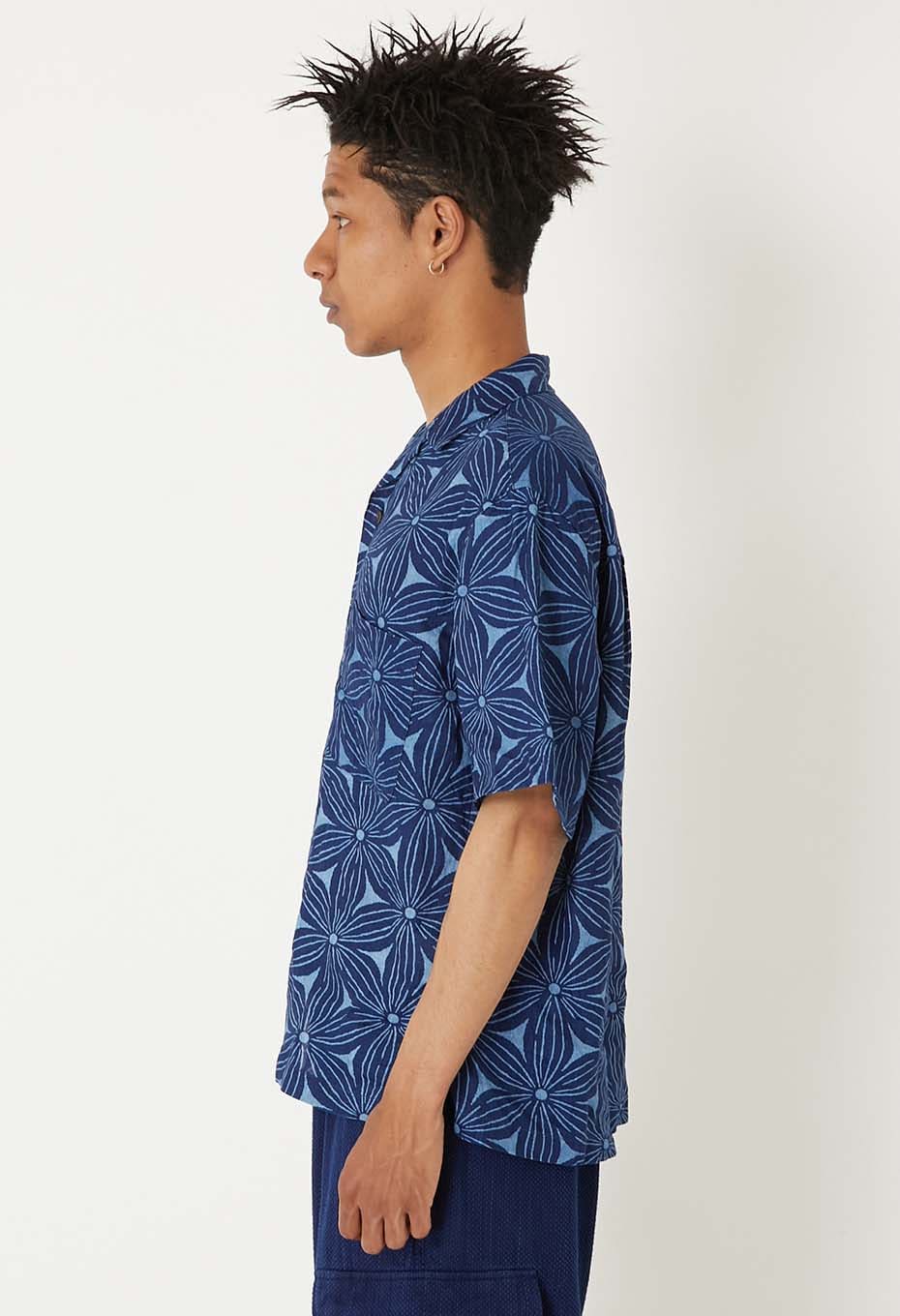 Indigo linen Sakurabassen short sleeve shirt - INDIGO