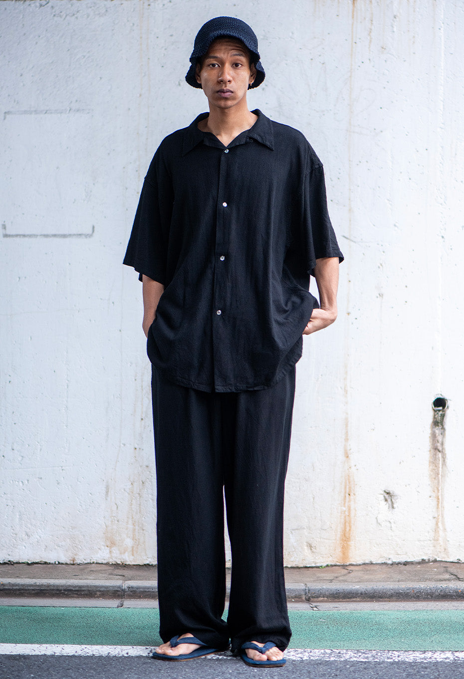 リネンミックステゾメ ブラック ドローストレートパンツ - BLACK