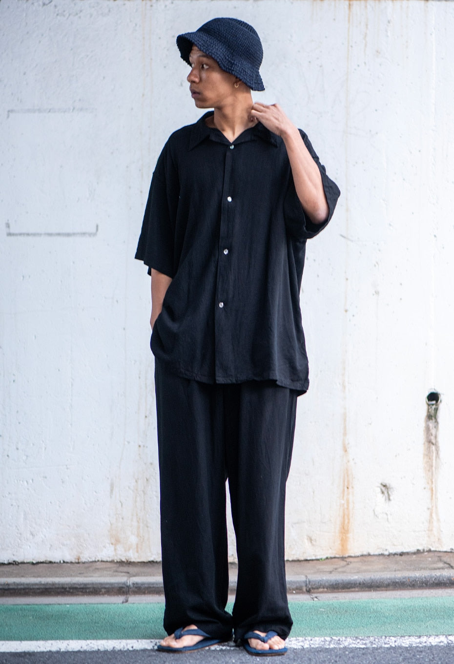 リネンミックステゾメ ブラック ショートスリーブシャツ - BLACK