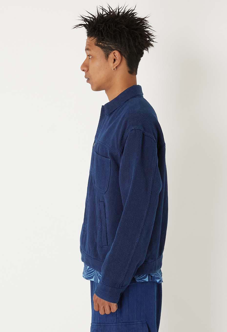Woven Pure Indigo Light Sashiko Trucker Jacket - INDIGO