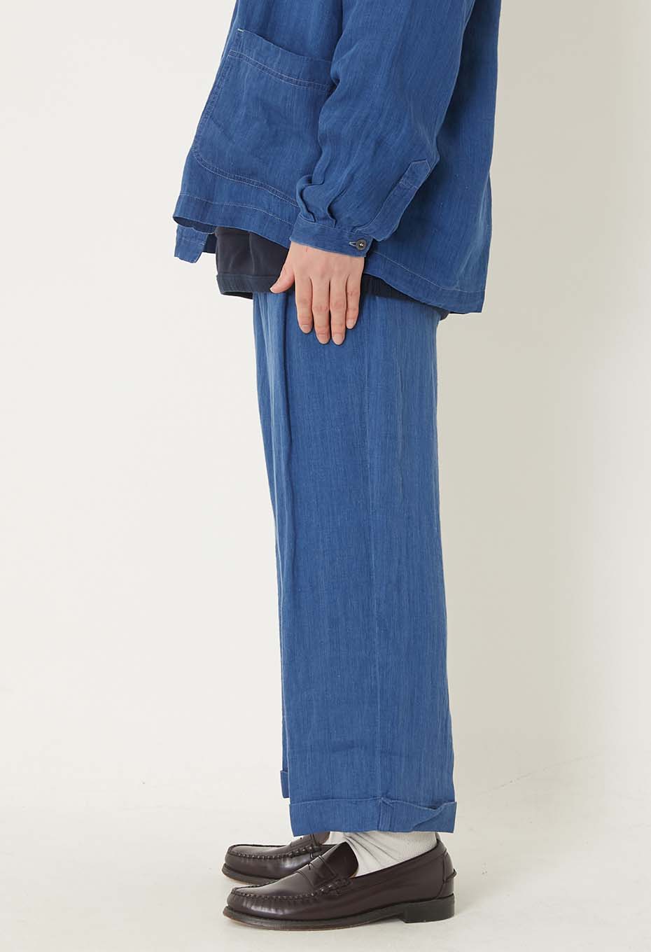 Indigo linen high-count twill 2-tuck wide trousers - INDIGO