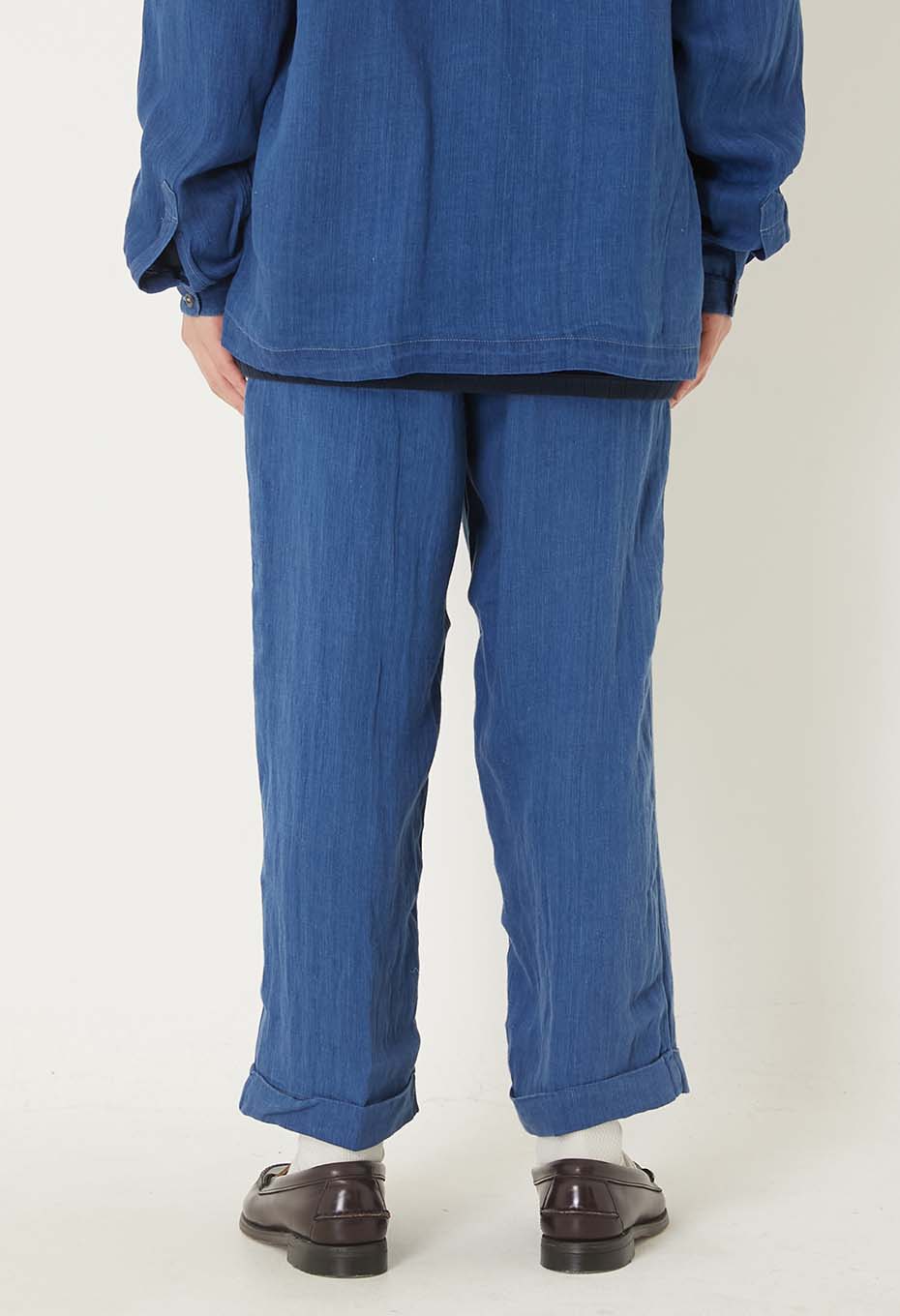 Indigo linen high-count twill 2-tuck wide trousers - INDIGO