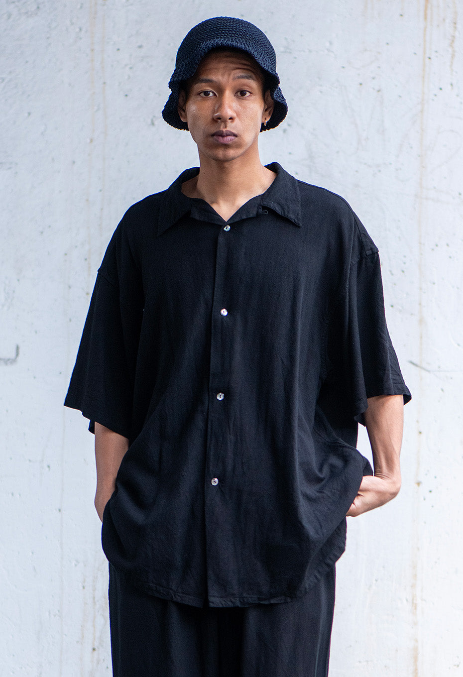 リネンミックステゾメ ブラック ショートスリーブシャツ - BLACK
