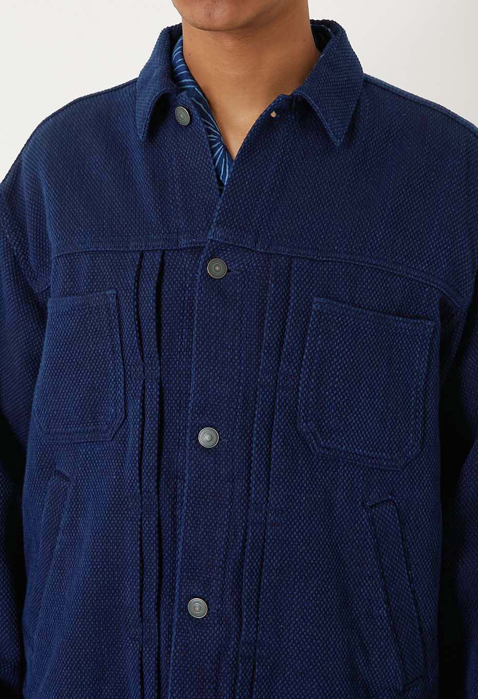 Woven Pure Indigo Light Sashiko Trucker Jacket - INDIGO