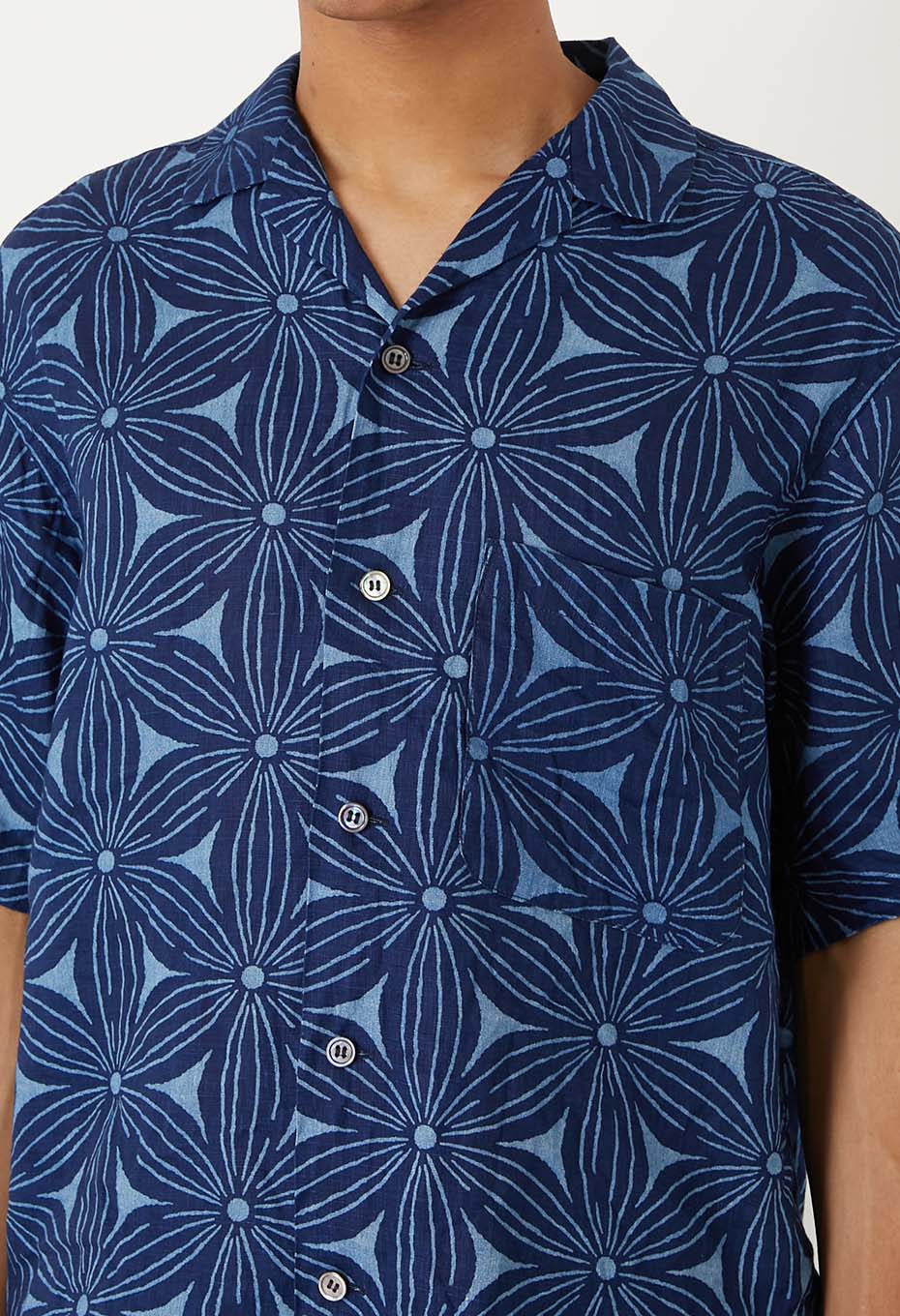 Indigo linen Sakurabassen short sleeve shirt - INDIGO