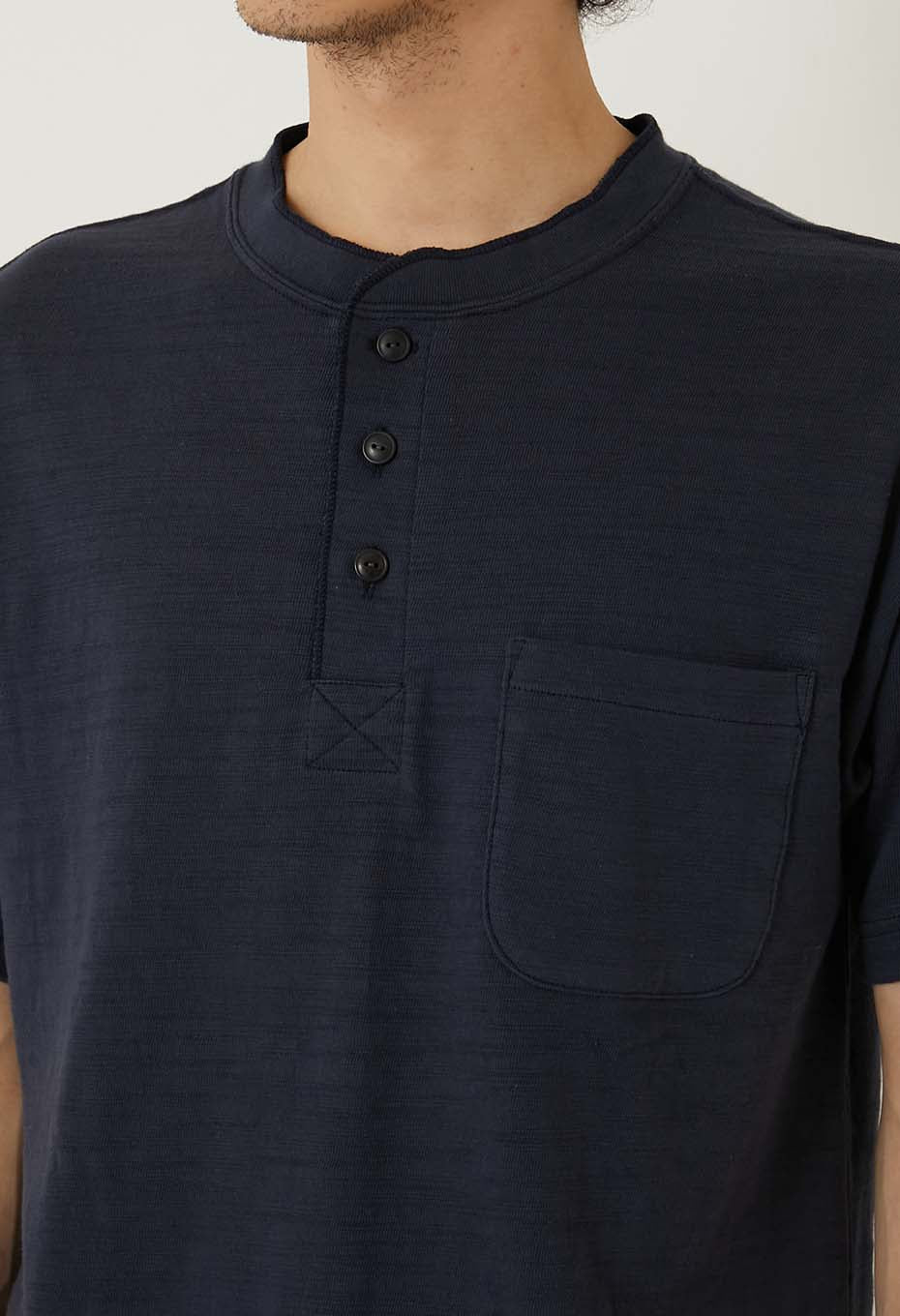 ヘビースラブテンジク ヘンリーネックポケットTシャツ - NAVY