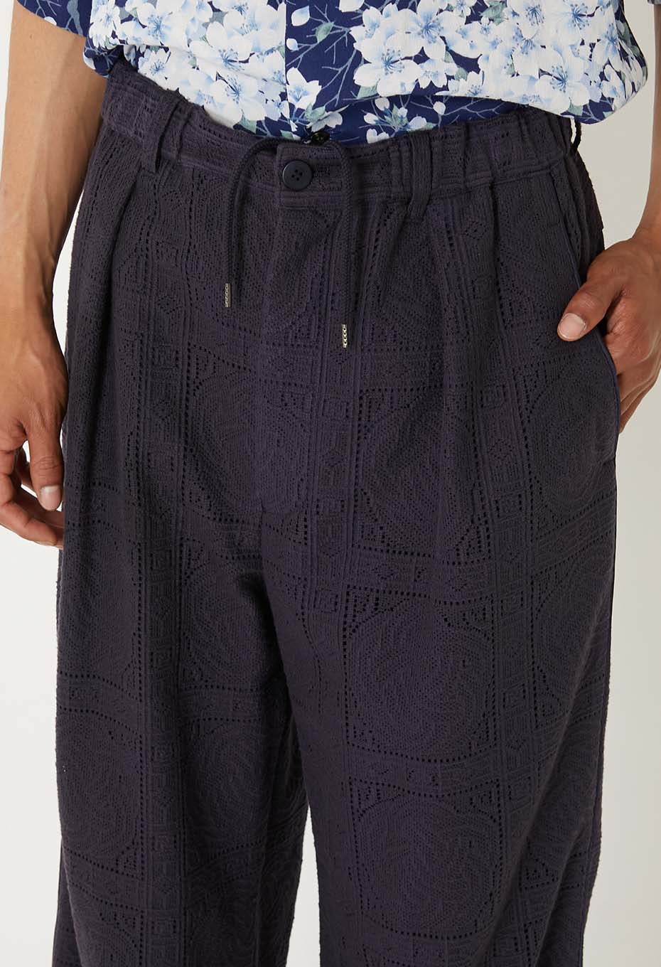 Mizuhiki lace draw straight pants - DARK NAVY