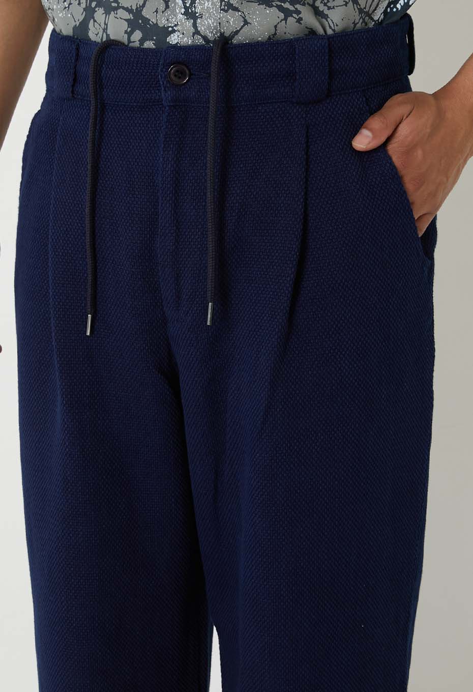 Woven Pure IndigoLight Sashiko Tuck Wide Pants - INDIGO