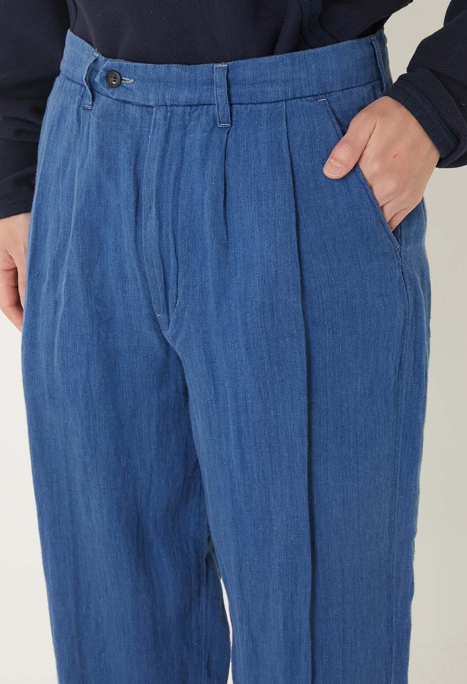 Indigo linen high-count twill 2-tuck wide trousers - INDIGO