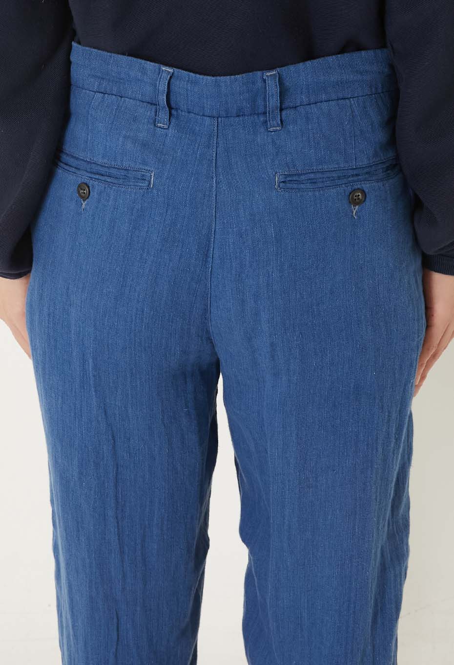 Indigo linen high-count twill 2-tuck wide trousers - INDIGO