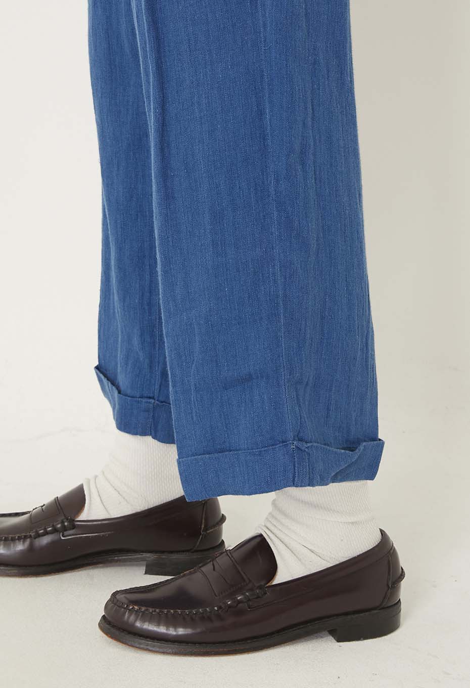 Indigo linen high-count twill 2-tuck wide trousers - INDIGO