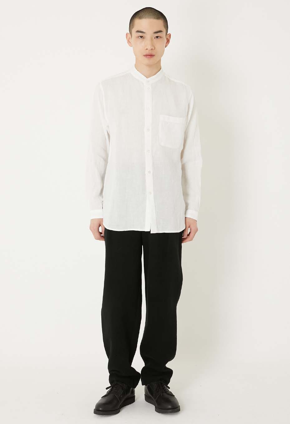 Linen stand collar long sleeve shirt - WHITE