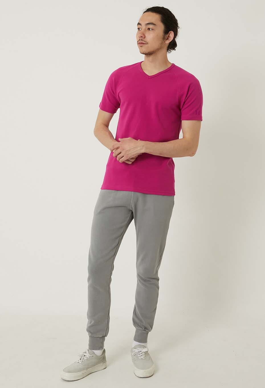 ストレッチフライス Vネックショートスリーブ Tシャツ - DARK PINK