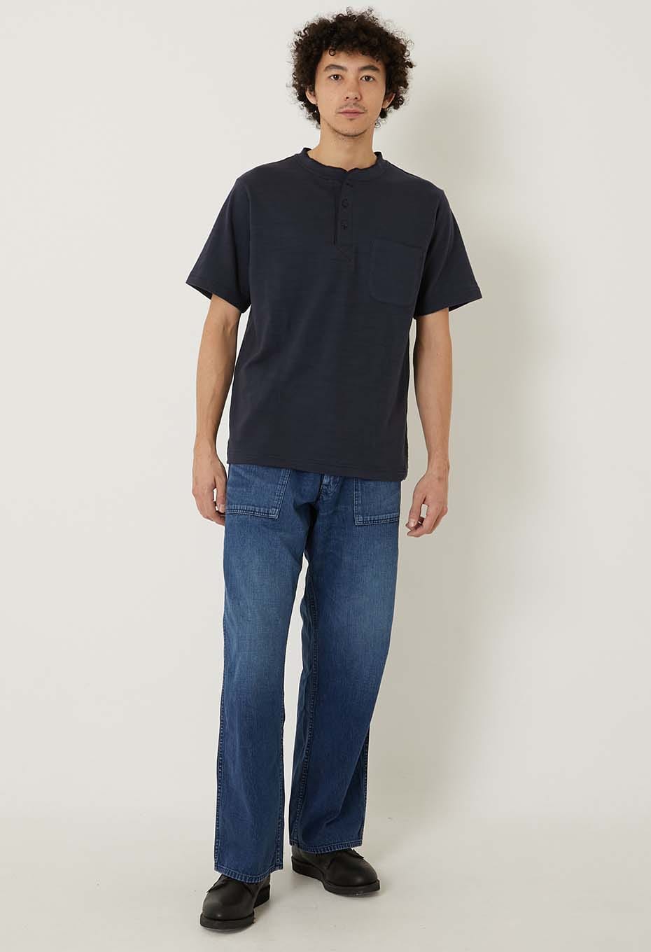 ヘビースラブテンジク ヘンリーネックポケットTシャツ - NAVY