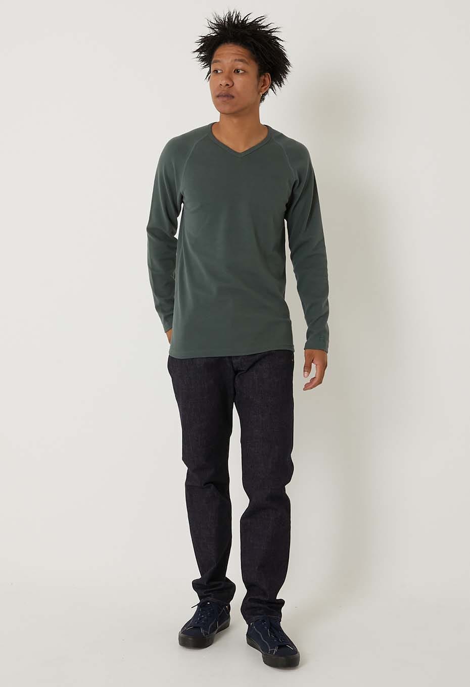 ストレッチフライス Vネックロングスリーブ Tシャツ - GREEN