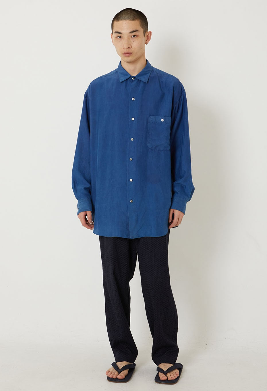 silk habatae Woven Pure Indigo  Long sleeve shirt - B