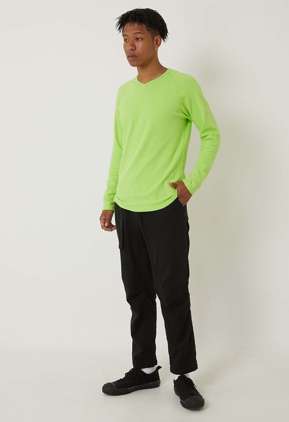 ストレッチフライス Vネックロングスリーブ Tシャツ - YEL GREEN