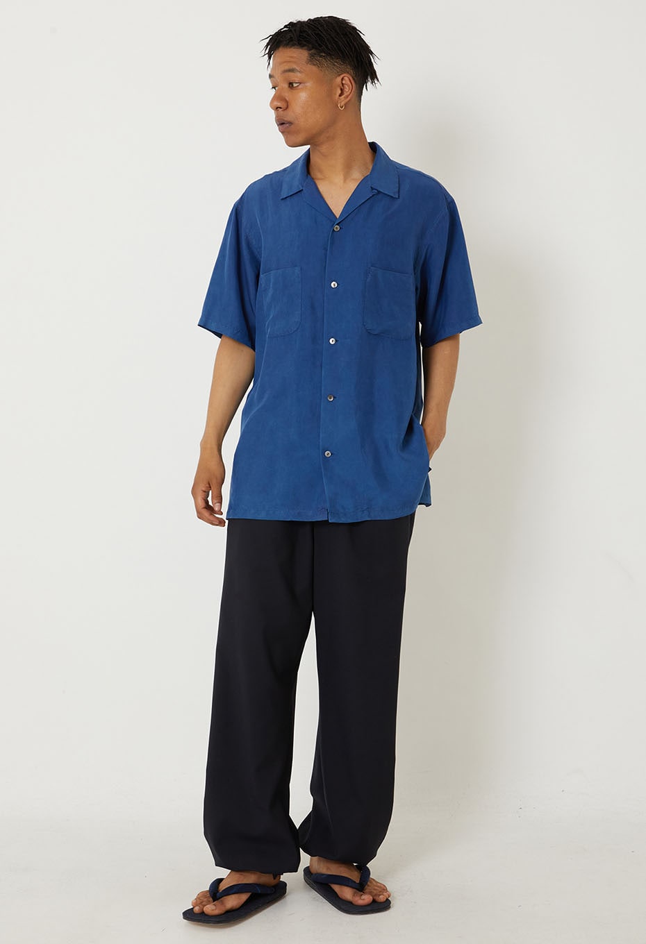silk habatae Woven Pure Indigo Short sleeve shirt - B