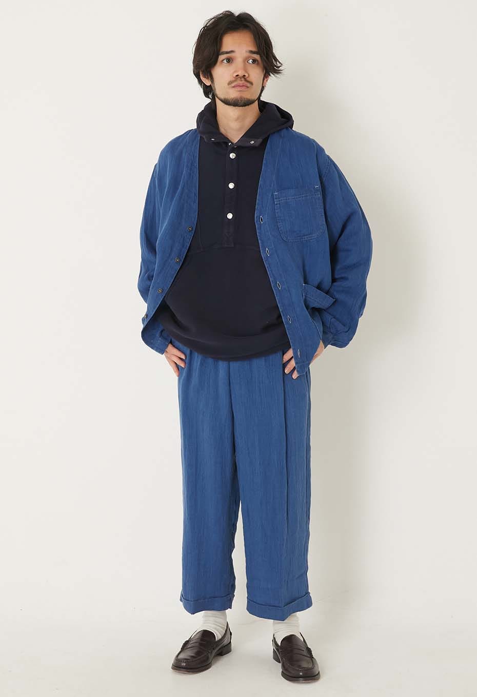Indigo linen high-count twill 2-tuck wide trousers - INDIGO