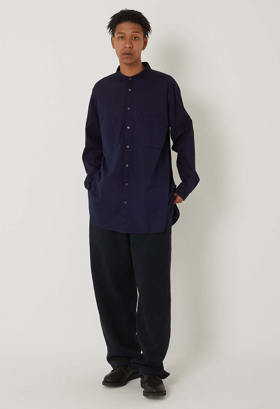 Cotton pin ox tezome band collar long shirt - INDIGO