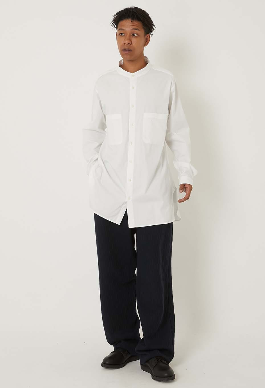 コットンピンオックス バンドカラー ロングシャツ - WHITE