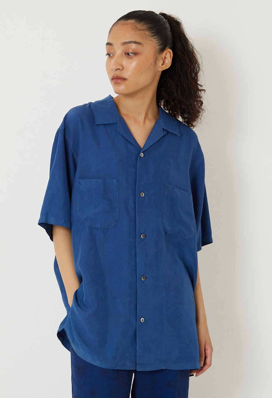 silk habatae Woven Pure Indigo Short sleeve shirt - B