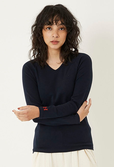 ストレッチフライス Vネックロングスリーブ Tシャツ - DARK NAVY