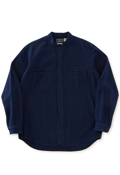 Kasezome Sashiko Band collar long sleeve shirt - INDIGO