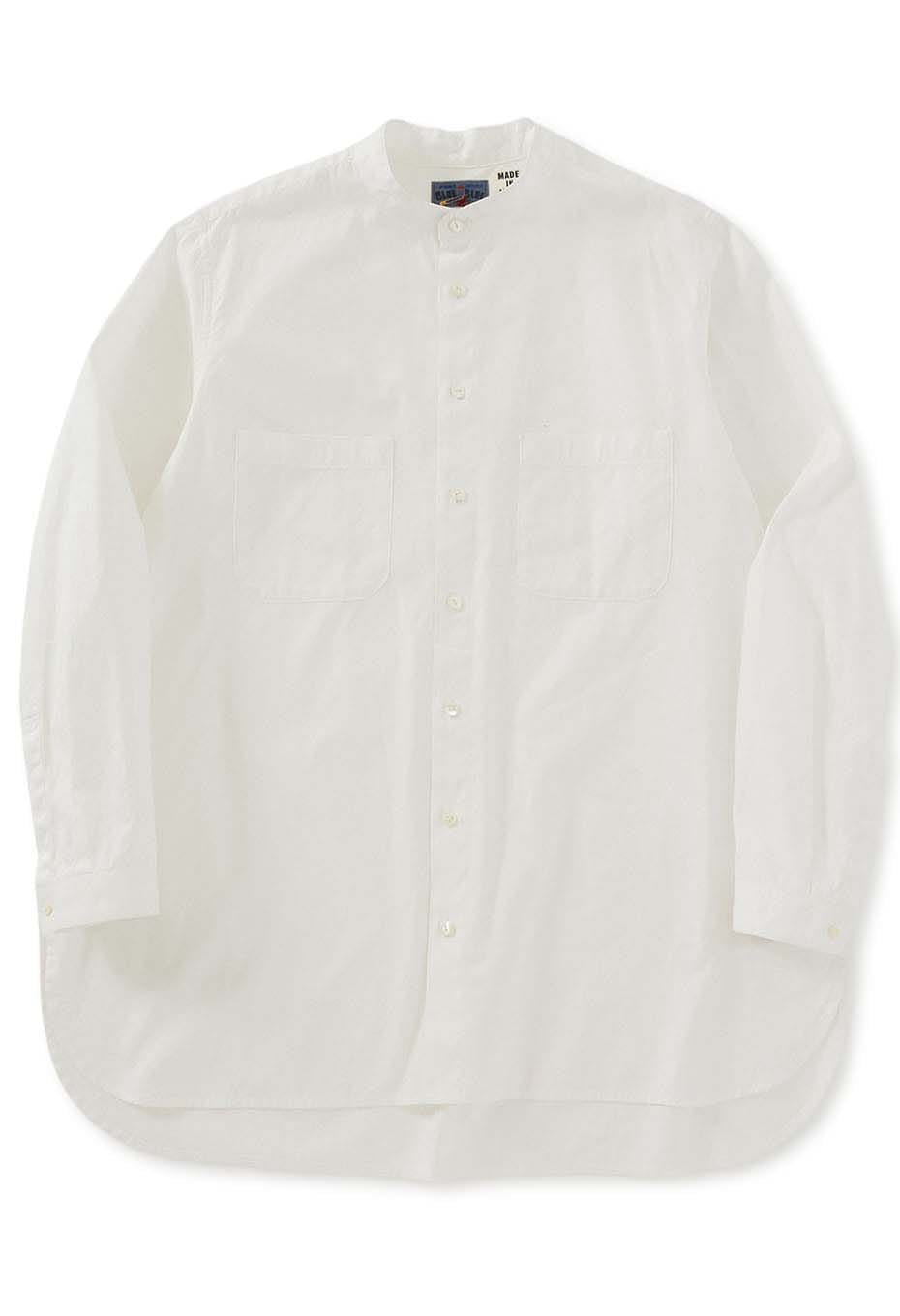 コットンピンオックス バンドカラー ロングシャツ - WHITE