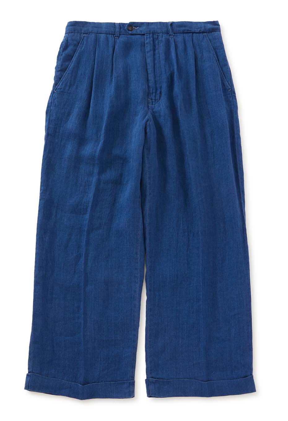 Indigo linen high-count twill 2-tuck wide trousers - INDIGO