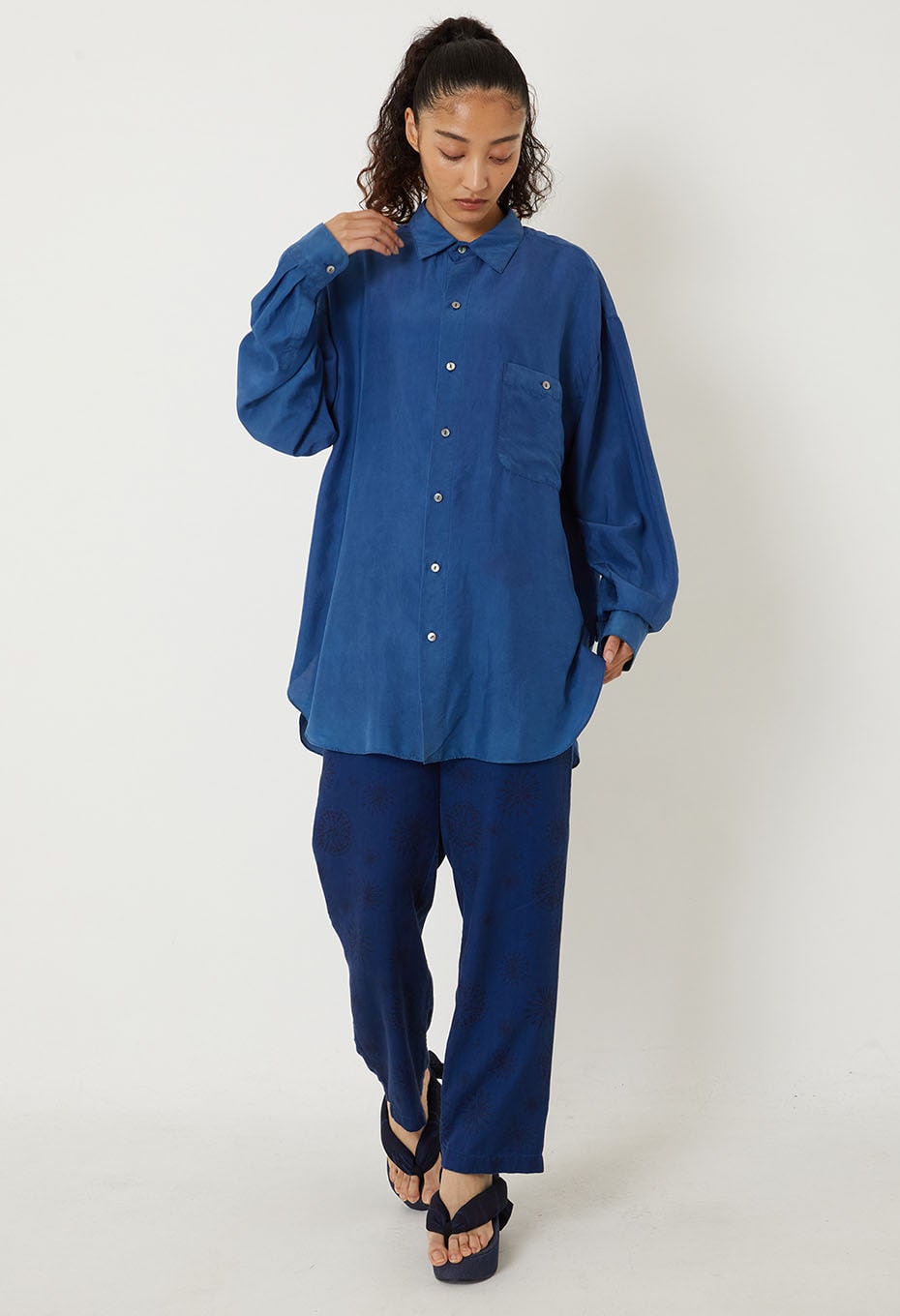 silk habatae Woven Pure Indigo  Long sleeve shirt - B