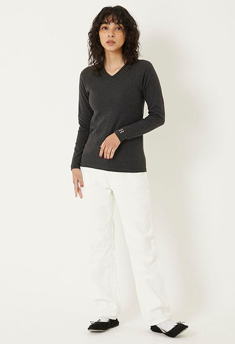 ストレッチフライス Vネックロングスリーブ Tシャツ - DARK GREY
