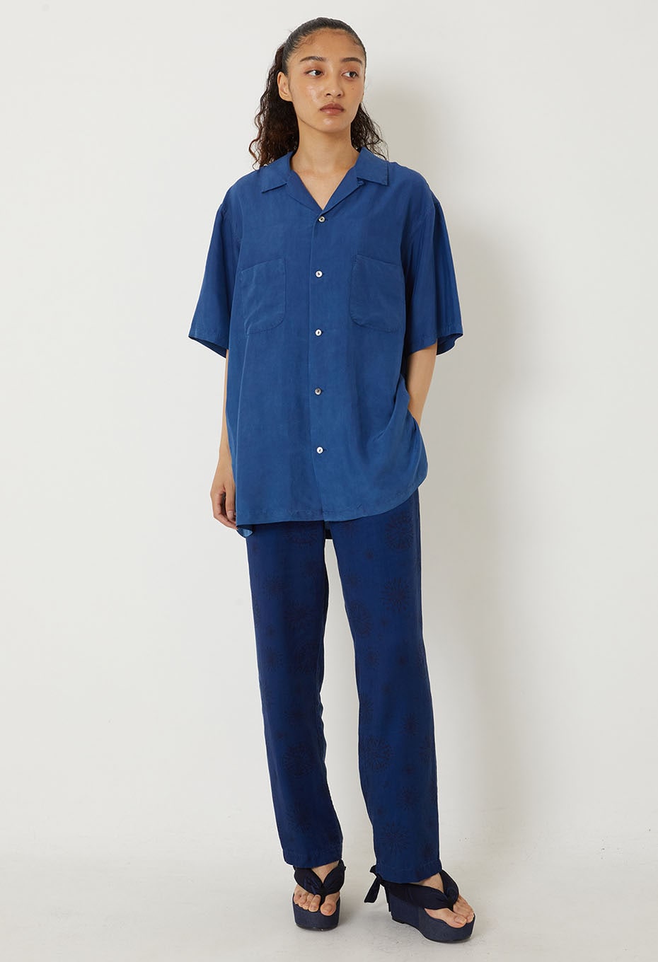 silk habatae Woven Pure Indigo Short sleeve shirt - B