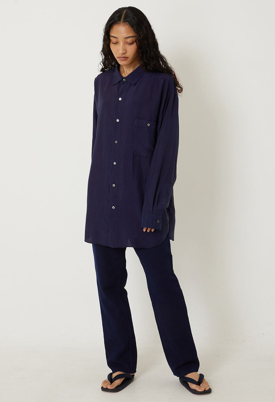 silk habatae Woven Pure Indigo  Long sleeve shirt - A