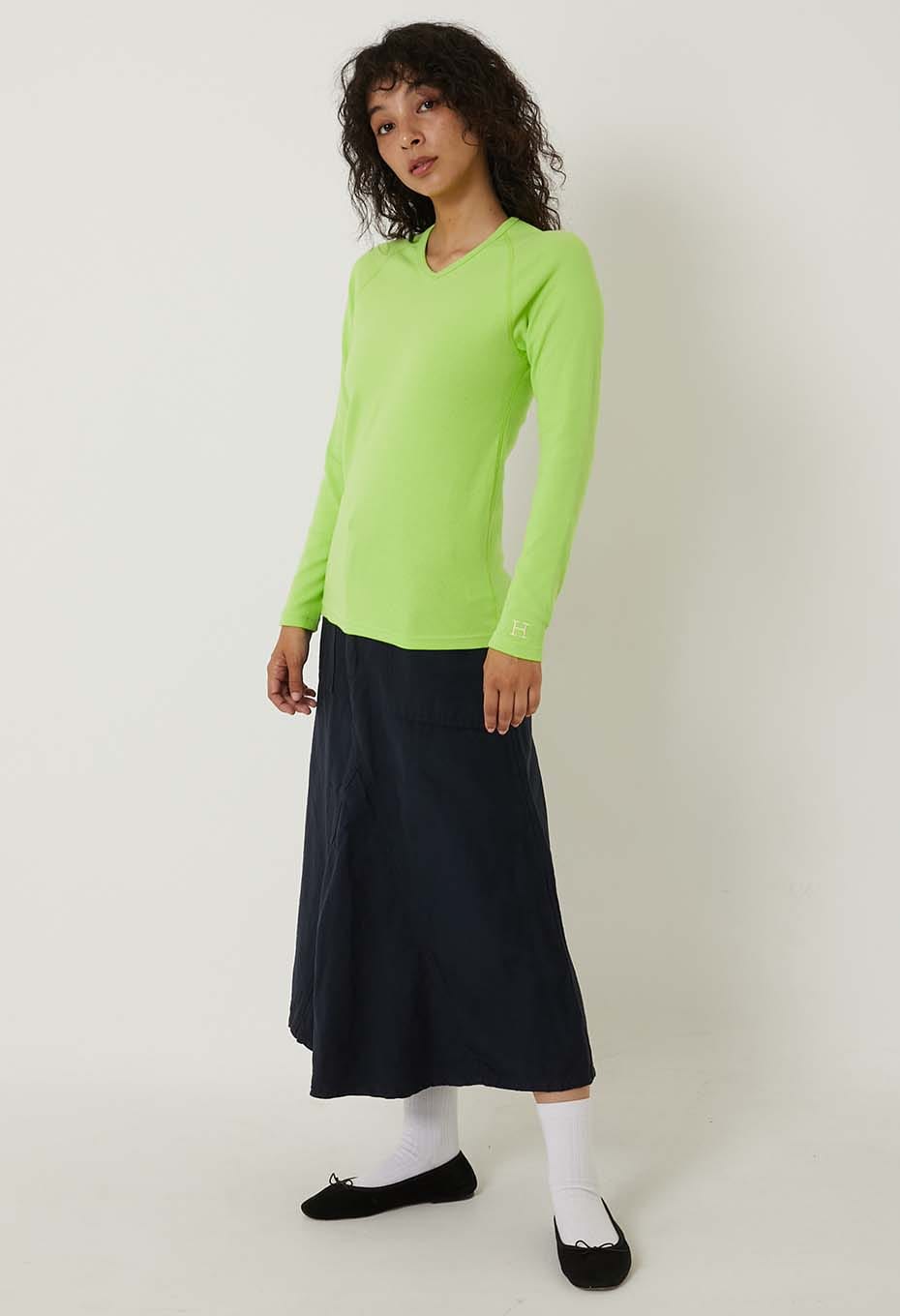 ストレッチフライス Vネックロングスリーブ Tシャツ - YEL GREEN